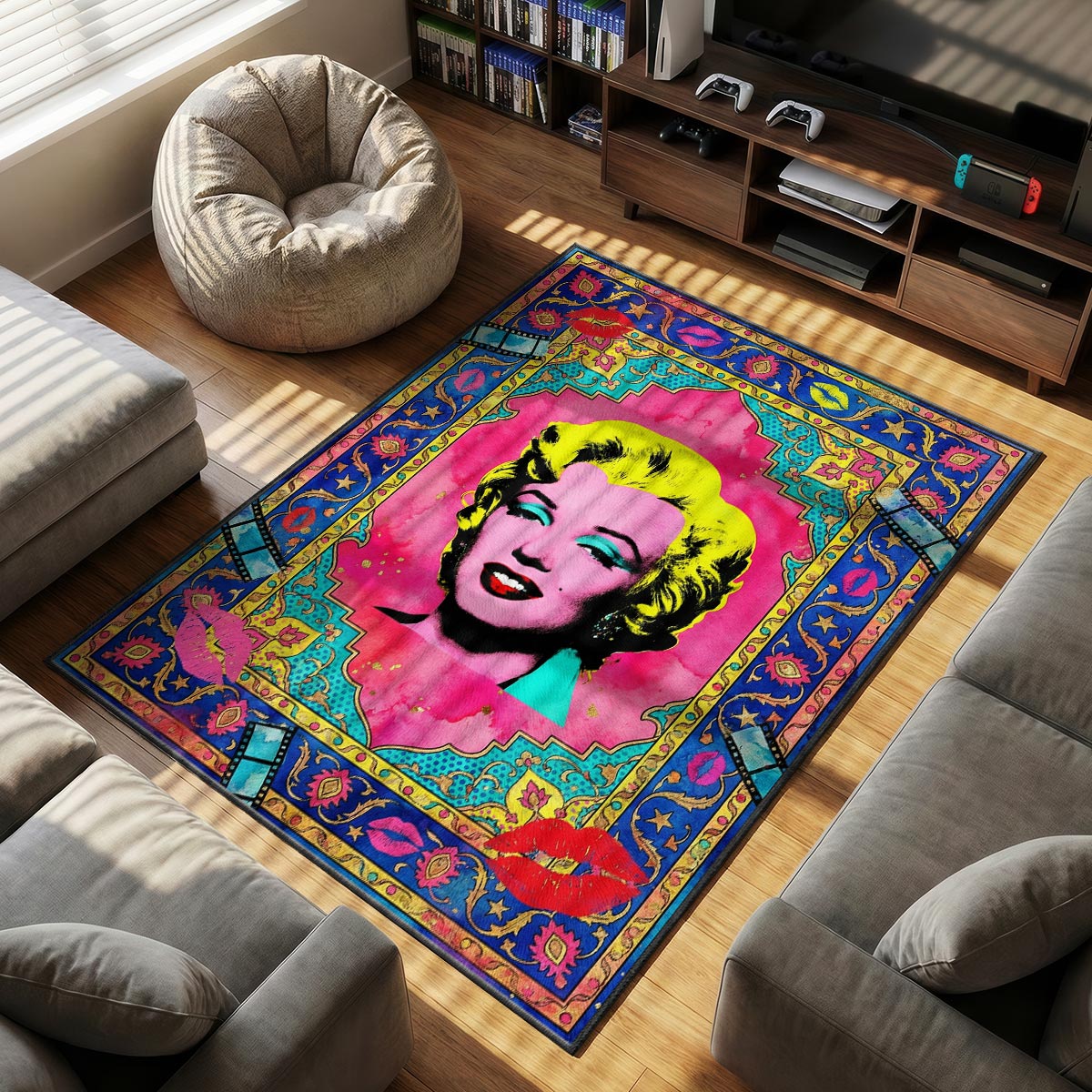 Close-up of pop icon rug showing screen-print texture and lip-print border detail on velvet surface