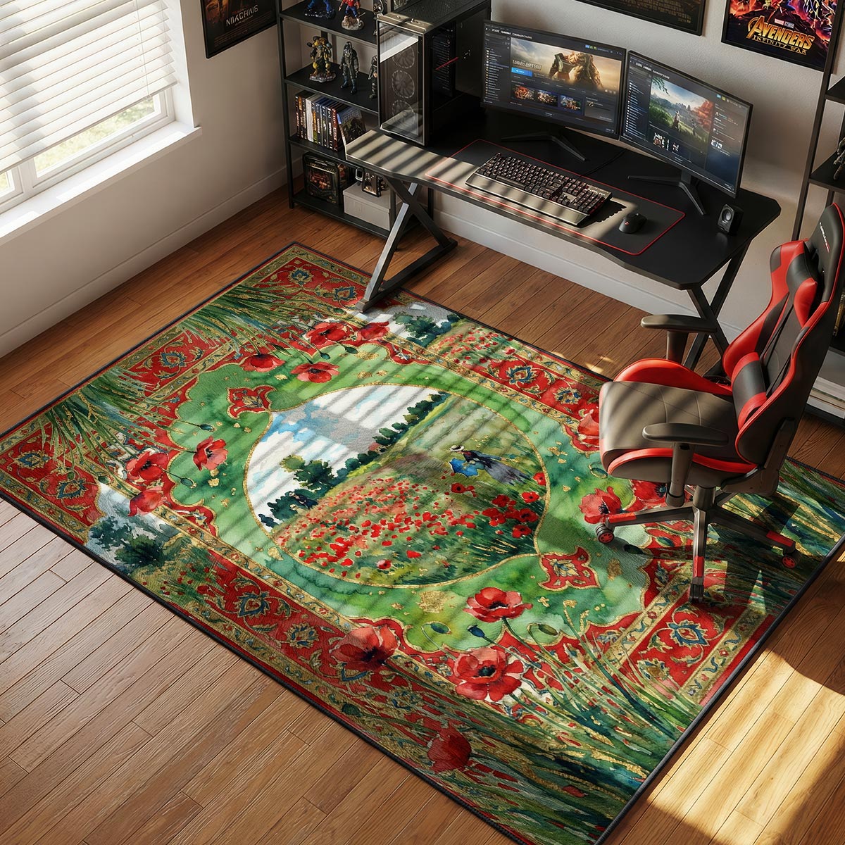 Poppy field rug placed in a bright living room with cream walls and dark wood furniture