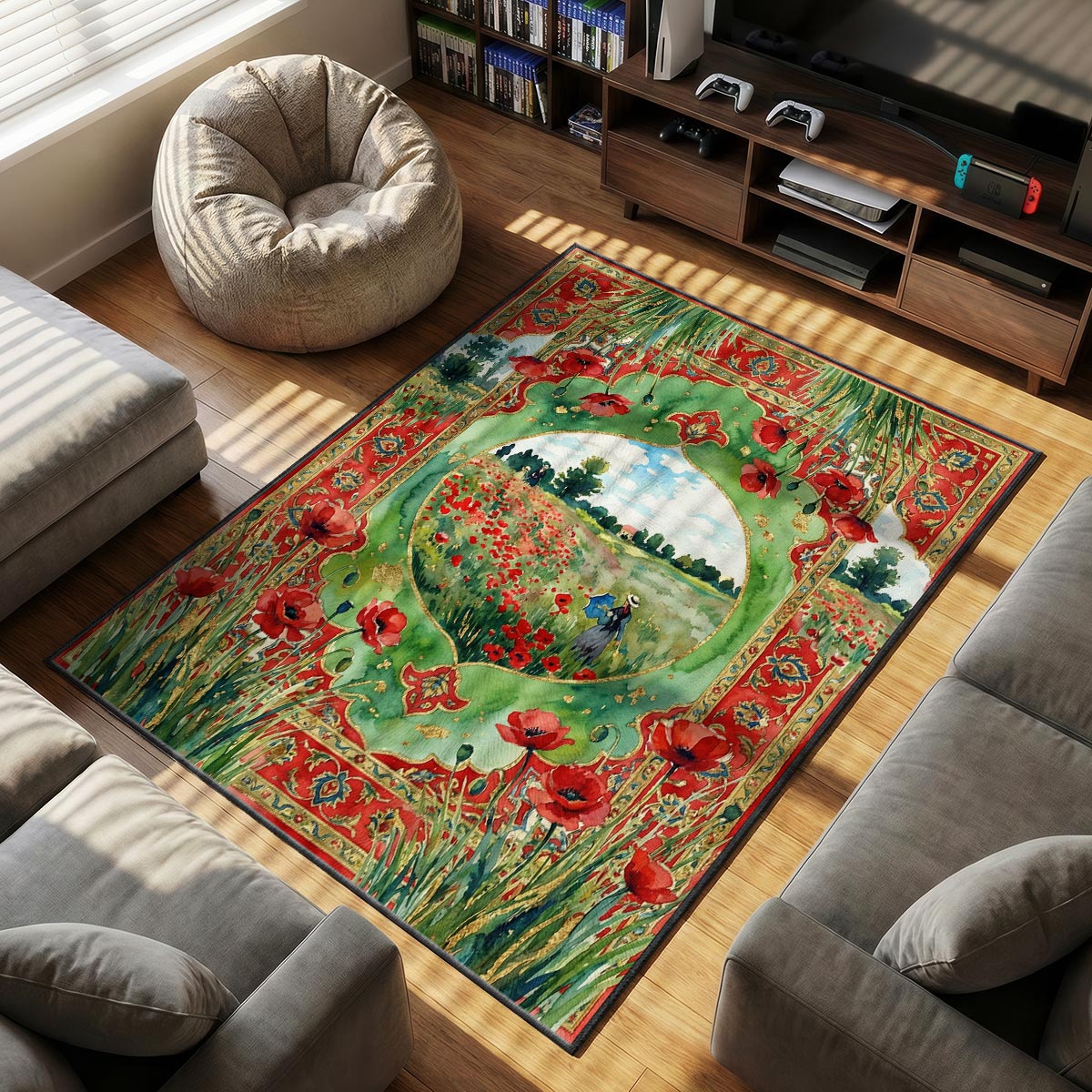 Close-up of poppy field stroll rug showing red petal detail and gold border scrollwork on velvet