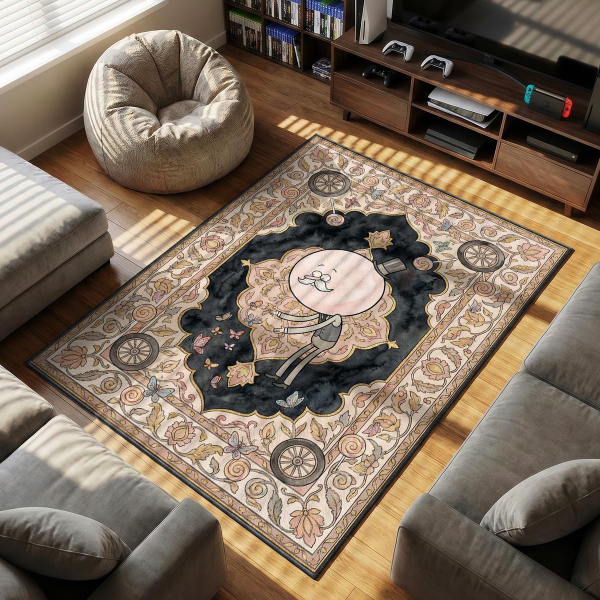 Close-up of Pops area rug showing butterfly detail and blush pink dye-sublimation on velvet