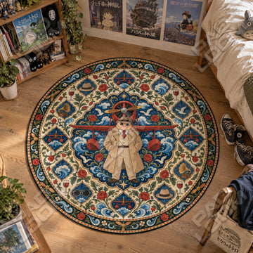 Porco Rosso Seaplane Studio Ghibli round rug on a bedroom floor - Studio Ghibli chair mat