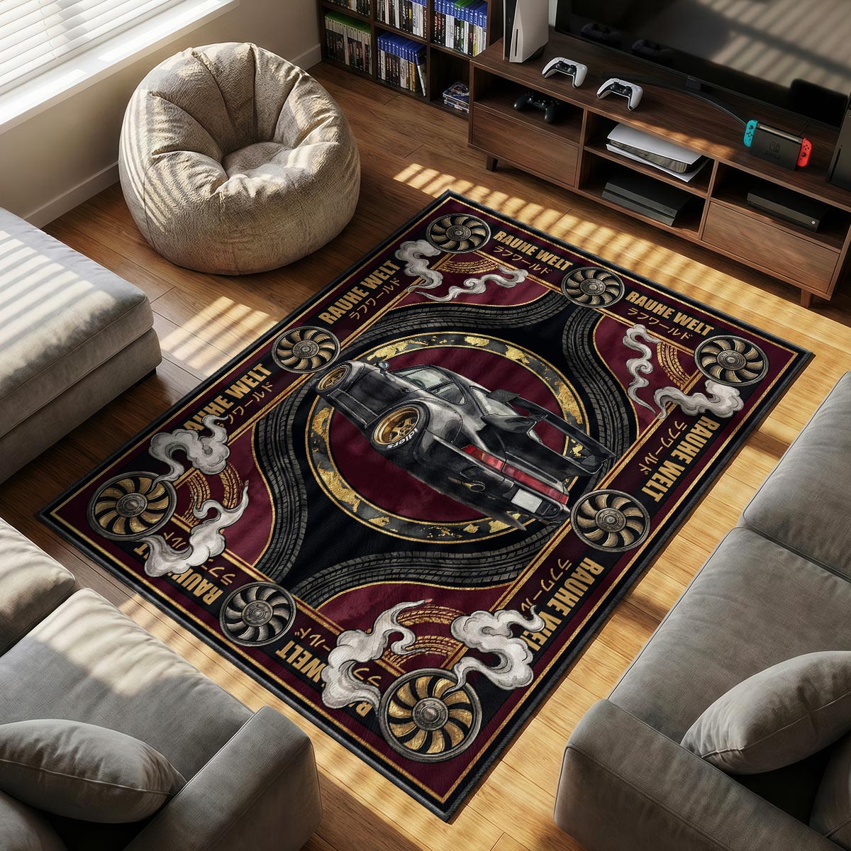 Porsche RWB themed area rug for home decor fans