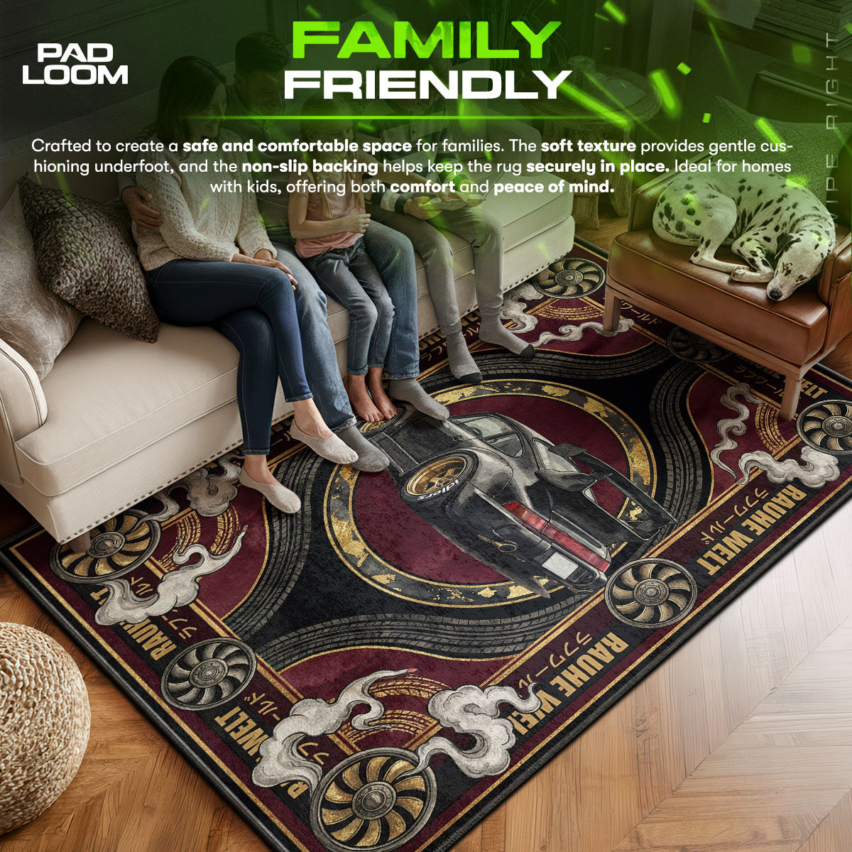 Porsche area rug showing full home decor artwork