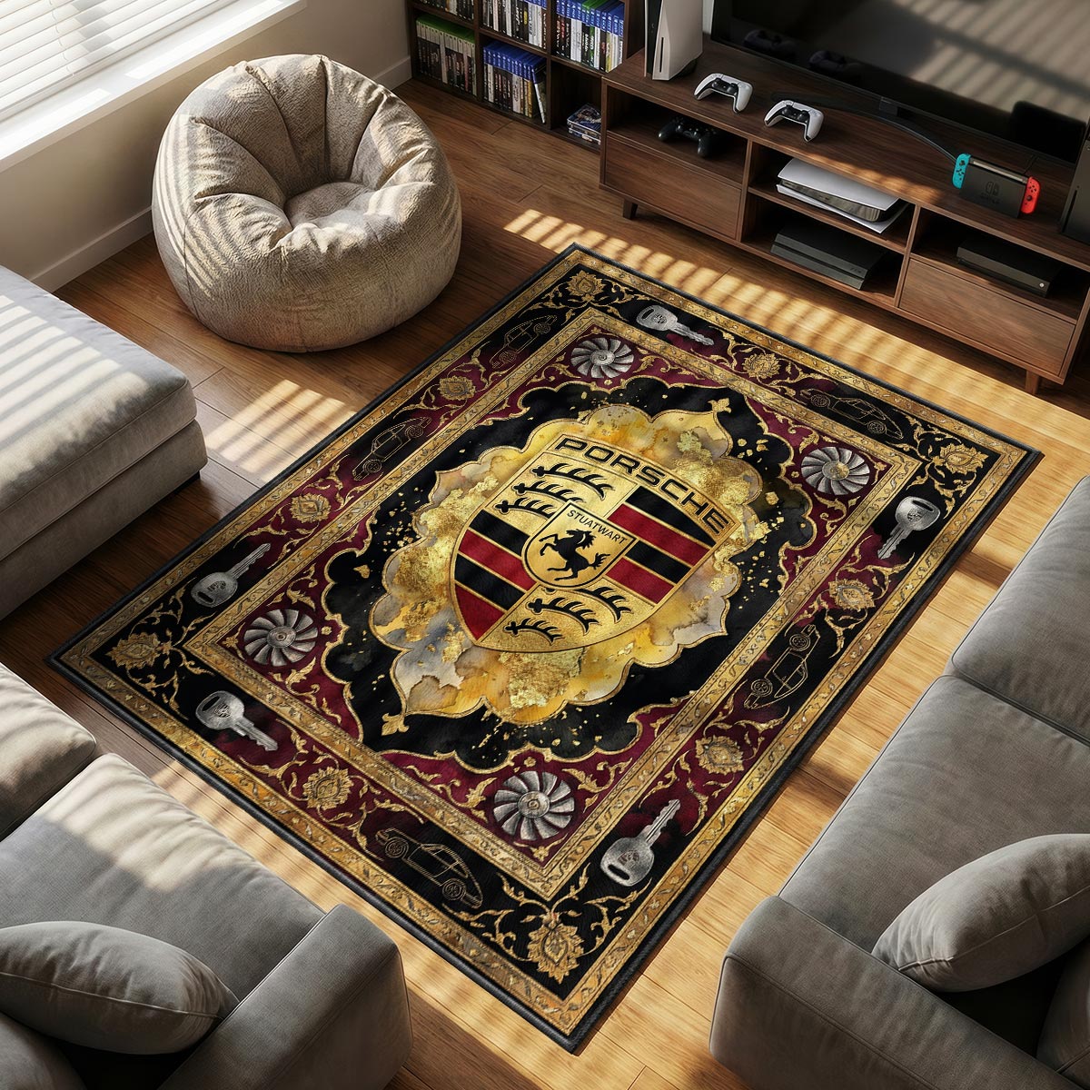 Porsche Logo themed area rug for home decor fans
