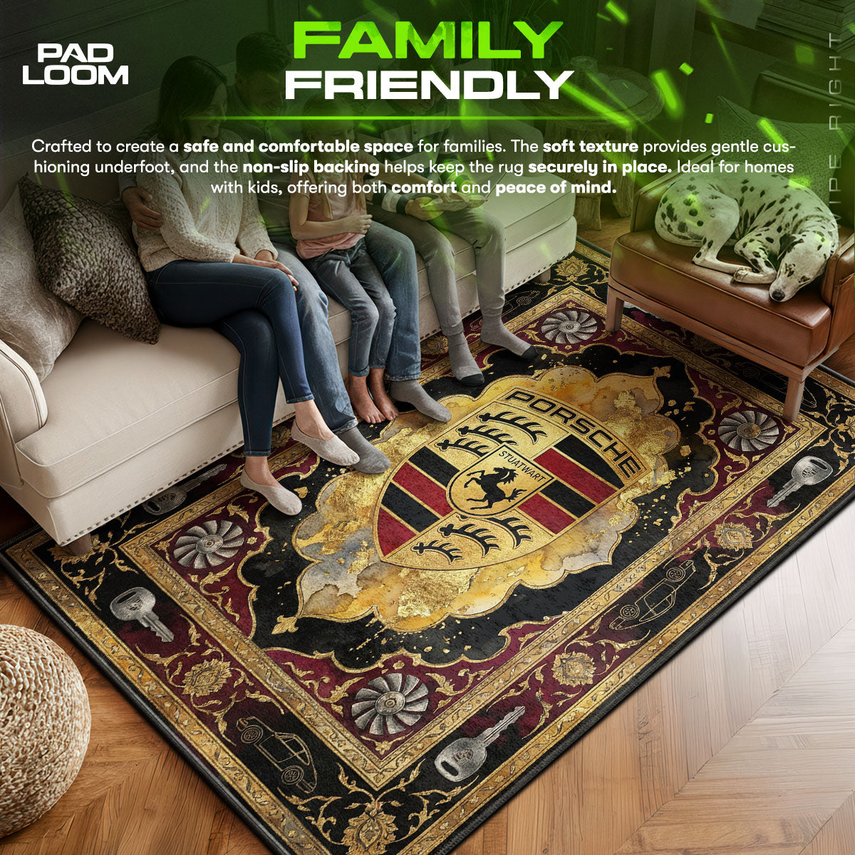Porsche area rug showing full home decor artwork