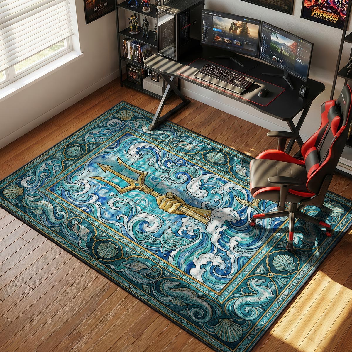 Poseidon trident rug placed in a coastal living room with white furniture and driftwood accents