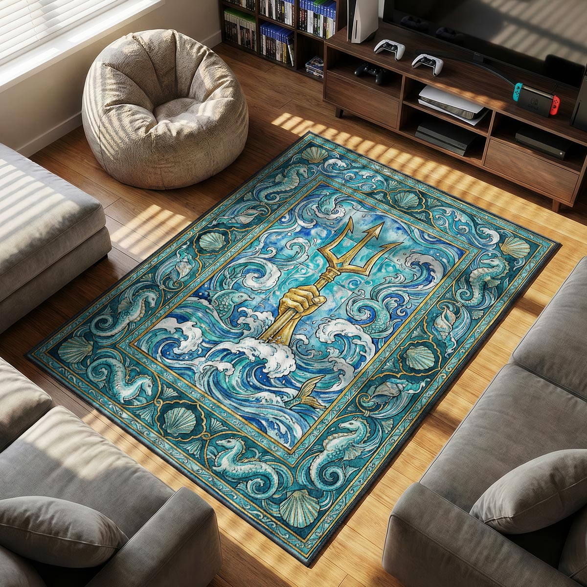 Detail of Poseidon rug showing wave foam texture and gold trident on dye-sublimation velvet