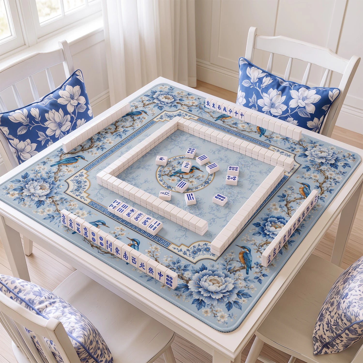 Powder Kingfisher mahjong mat with tiles and racks on the table
