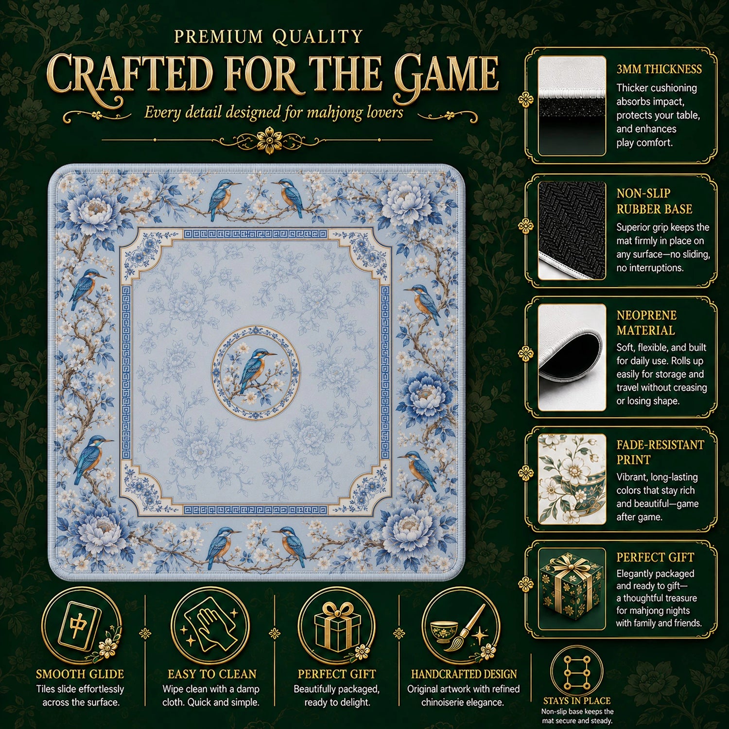 Powder Kingfisher Mahjong Mat – neoprene mah jongg table mat