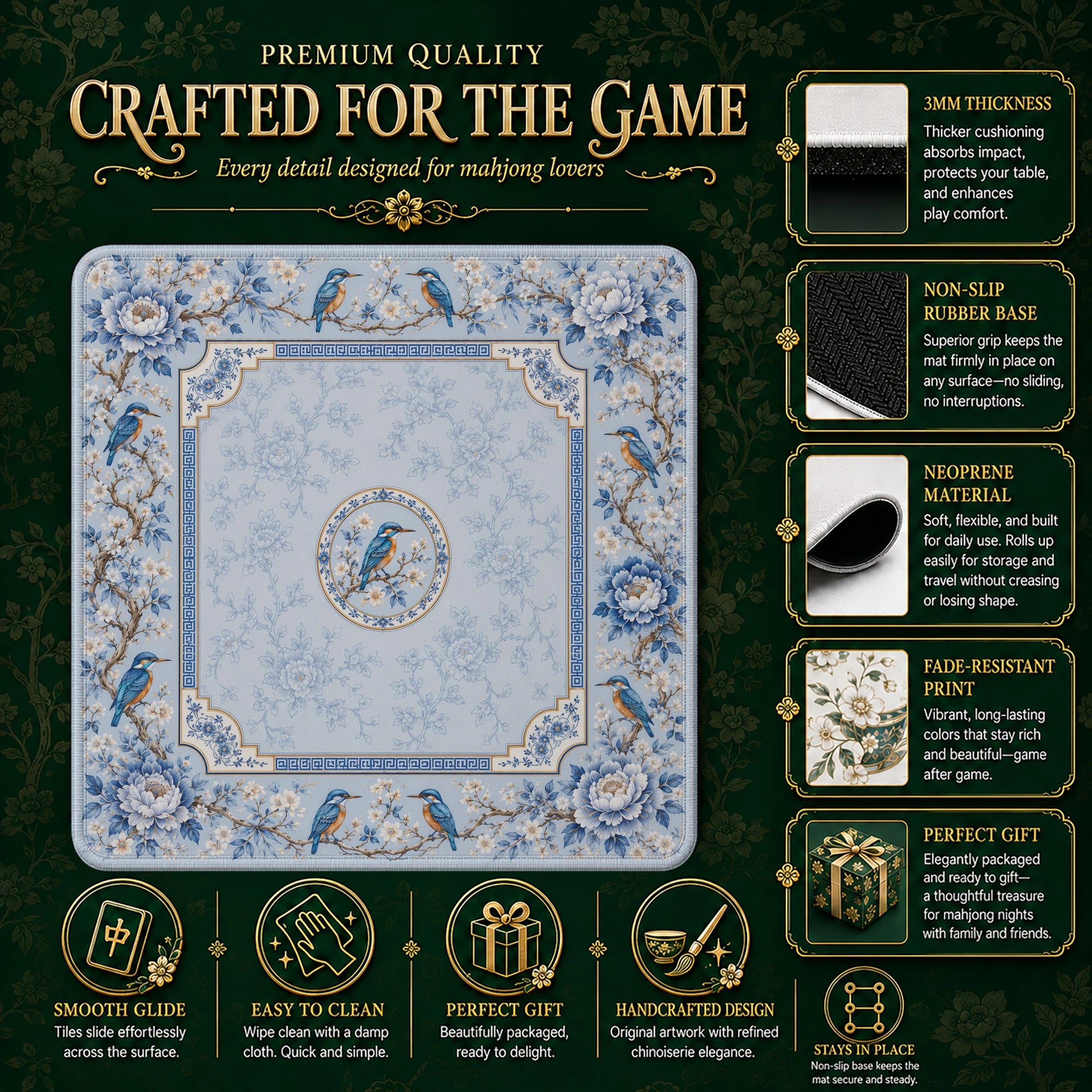 Powder Kingfisher Mahjong Mat – neoprene mah jongg table mat