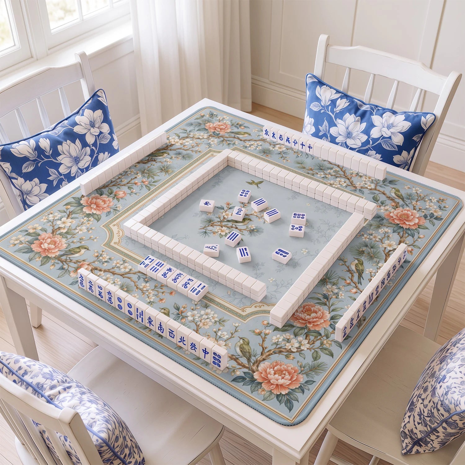 Powder Warbler mahjong mat with tiles and racks on the table
