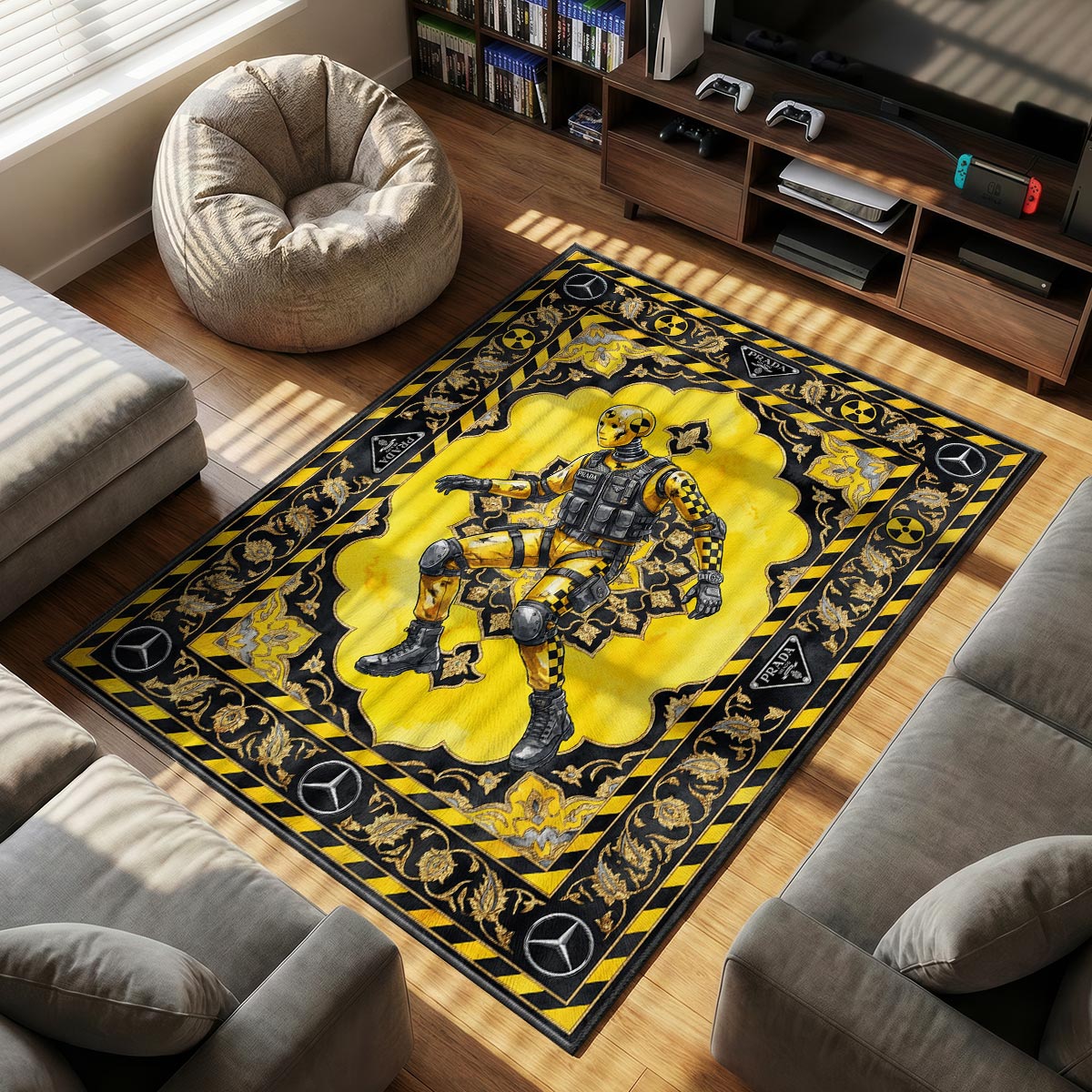 Prada Mercedes themed area rug for home decor fans