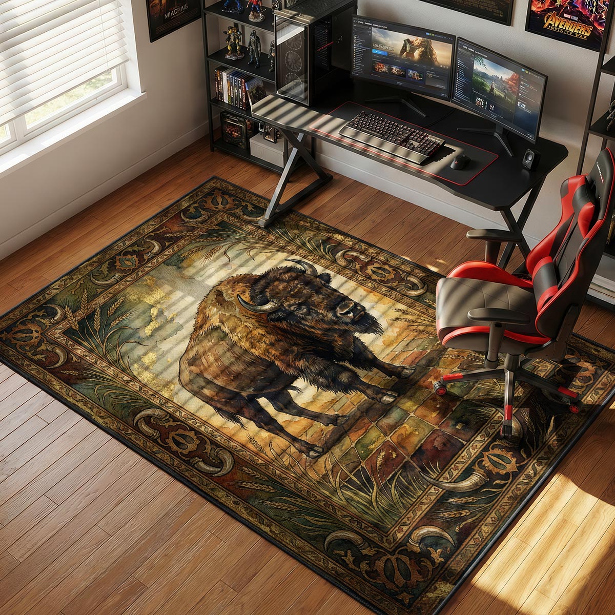 Prairie bison rug placed in a cabin living room beside a stone fireplace and leather chair