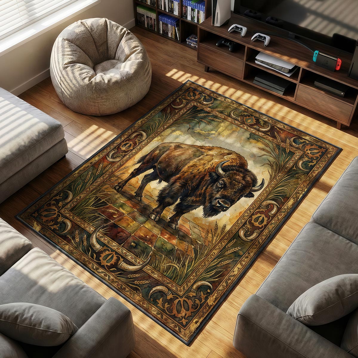 Close-up of bison rug showing fur texture detail and gold leaf accents on velvet surface