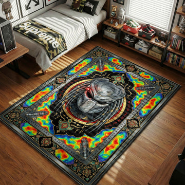 Predator Yautja Bio-Mask glowing with thermal heat signatures in an ornate border style movie themed area rug and home theater mat