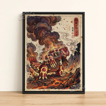 Primal Groudon Eruption Pokemon poster - framed canvas wall art in a black frame