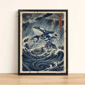 Primal Kyogre Wave Pokemon poster - framed canvas wall art in a black frame