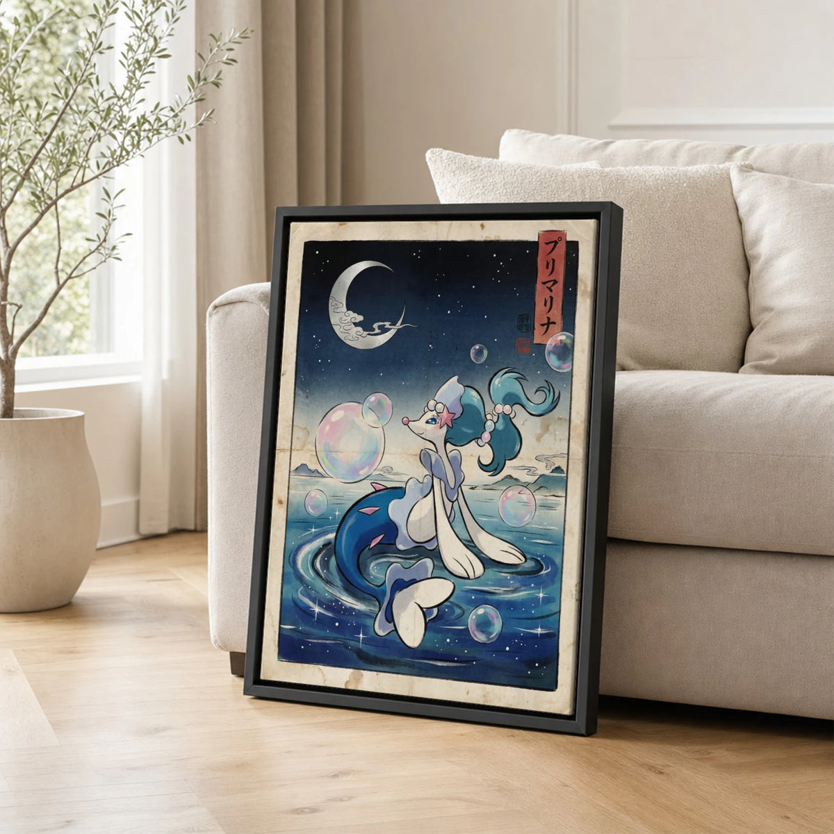 Primarina Crescent Pokemon poster leaning beside a sofa - living room wall art