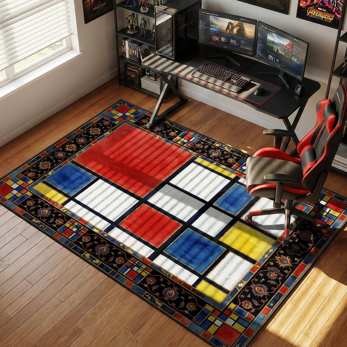 Primary grid rug placed in a modernist living room with white walls and minimal Bauhaus furniture