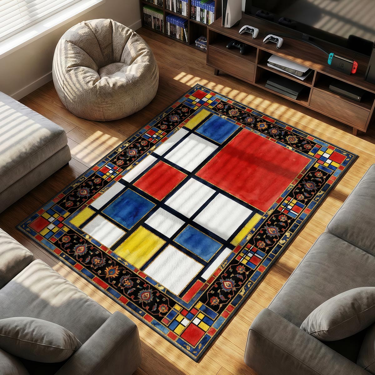 Close-up of primary grid rug showing watercolor wash red block and black dividing line on velvet