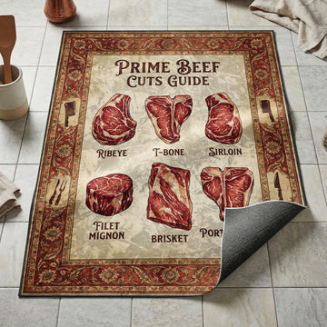 Six prime beef cuts kitchen mat with ribeye T-bone and brisket on deep crimson ornamental border
