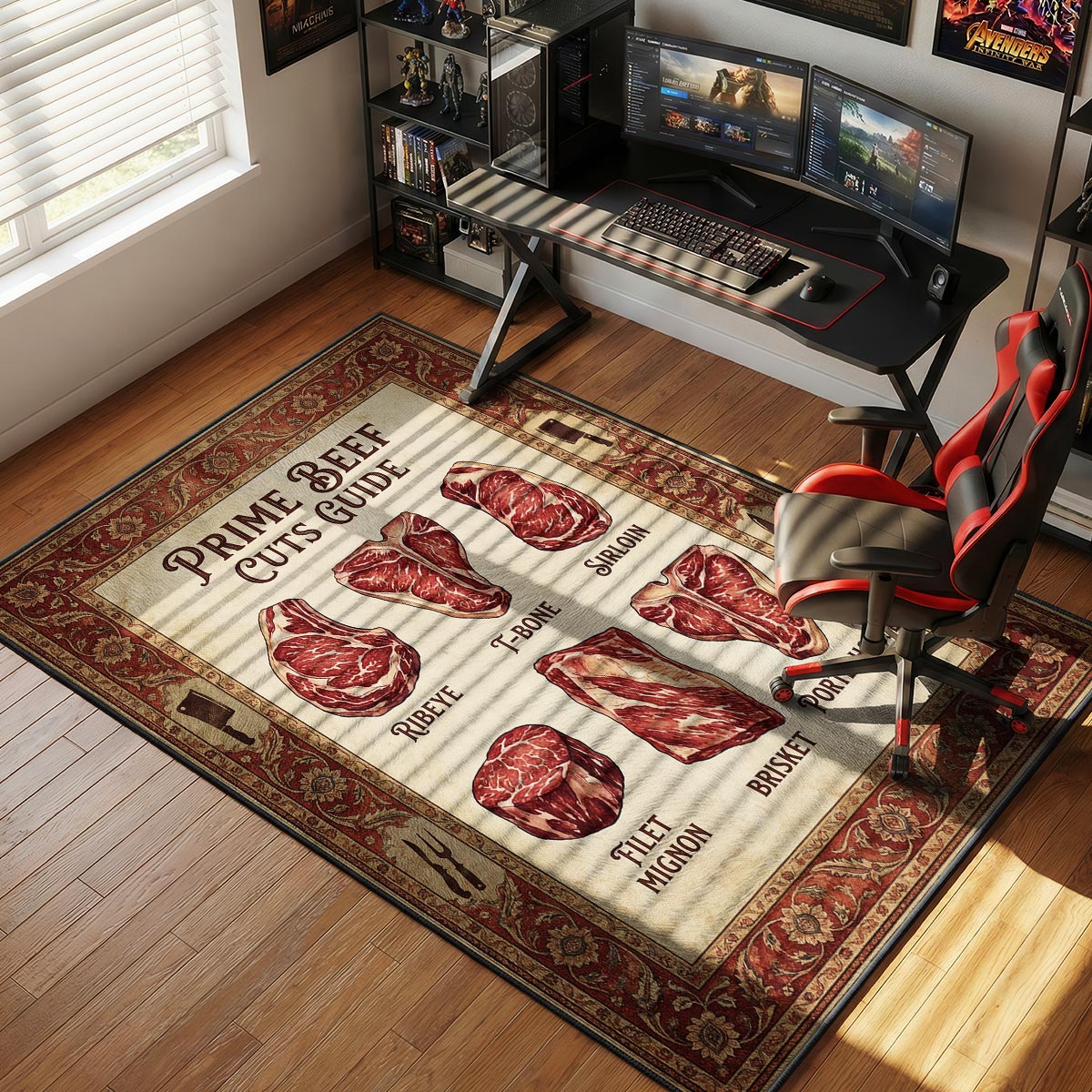 Beef cuts kitchen rug on dark tile floor near a butcher block counter with cast iron cookware
