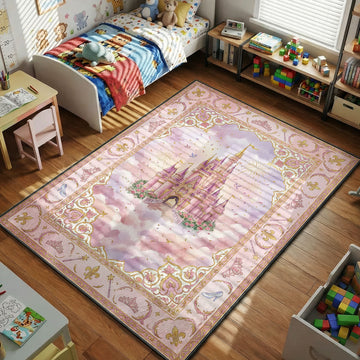 princess fairytale castle crowns pink kids bedroom area rug