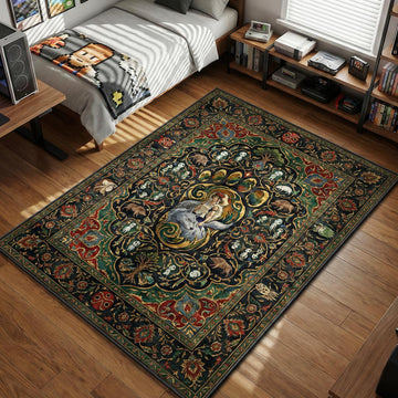 Princess Mononoke San riding wolf inside giant golden paw print vintage Persian art style area rug and floor mat