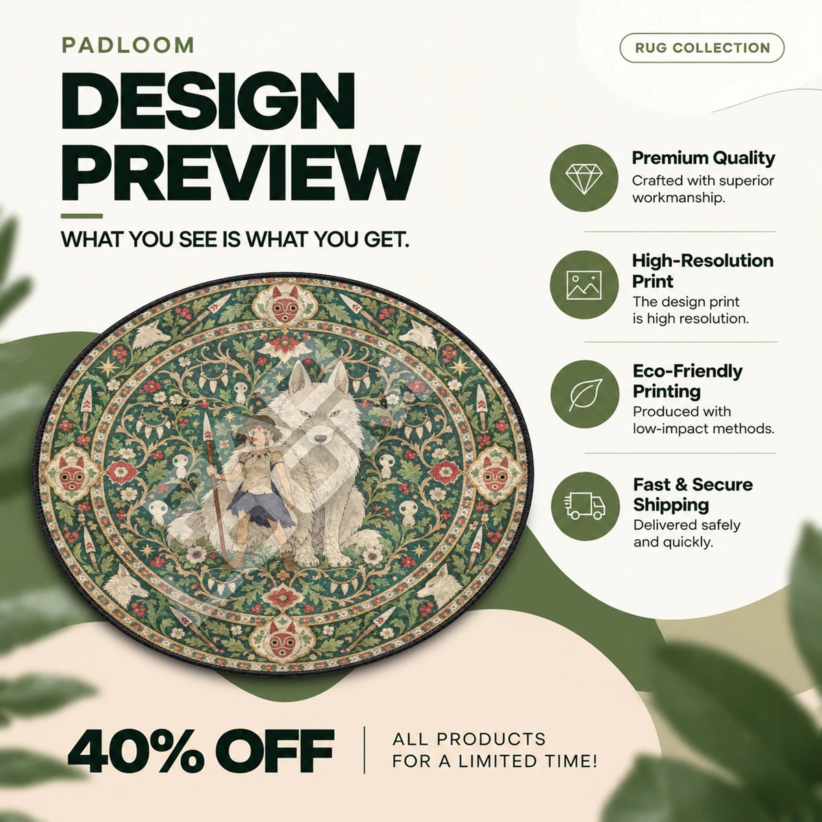 Princess Mononoke Wolf Studio Ghibli round rug full design preview
