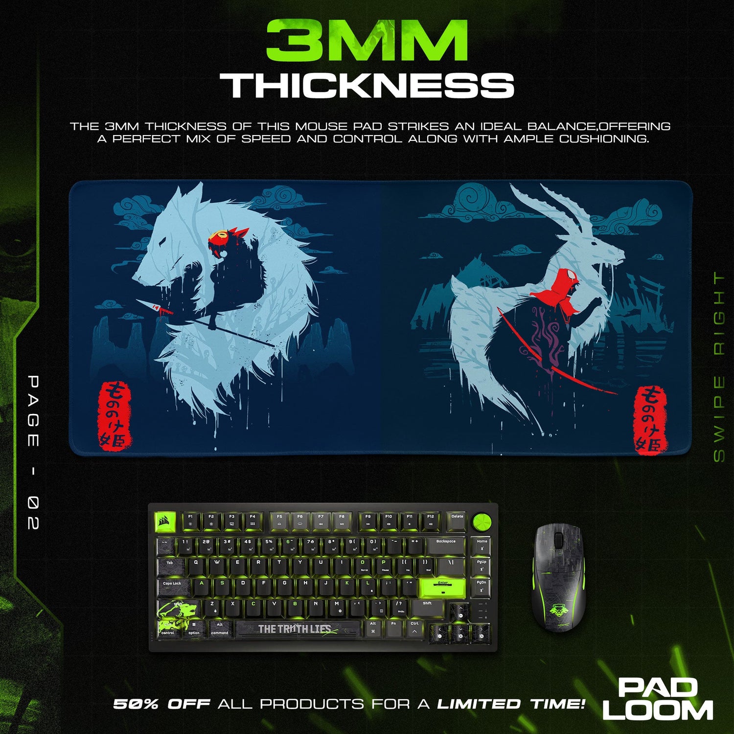 Princess Mononoke Wolf Spirit Mouse Pad, Anime Desk Mat Padloom