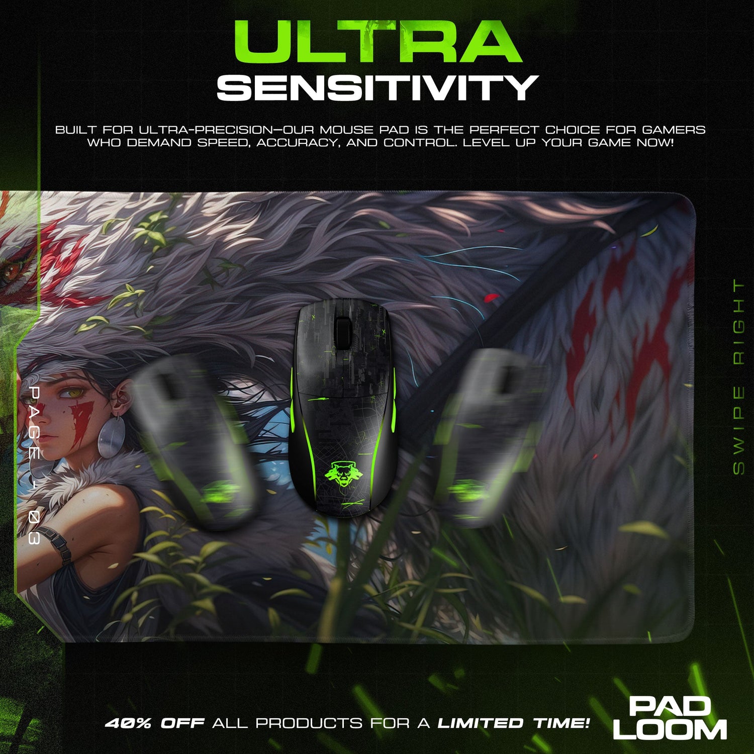 Princess Mononoke Wolf Spirit Mouse Pad, Studio Ghibli Desk Mat Padloom