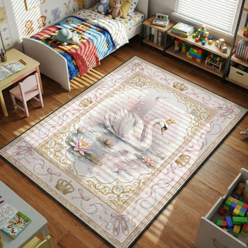 princess swan crown lake flowers kids bedroom area rug