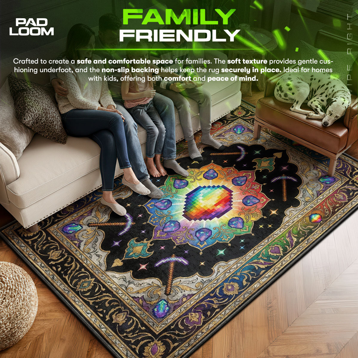 Prismatic area rug showing full home decor artwork