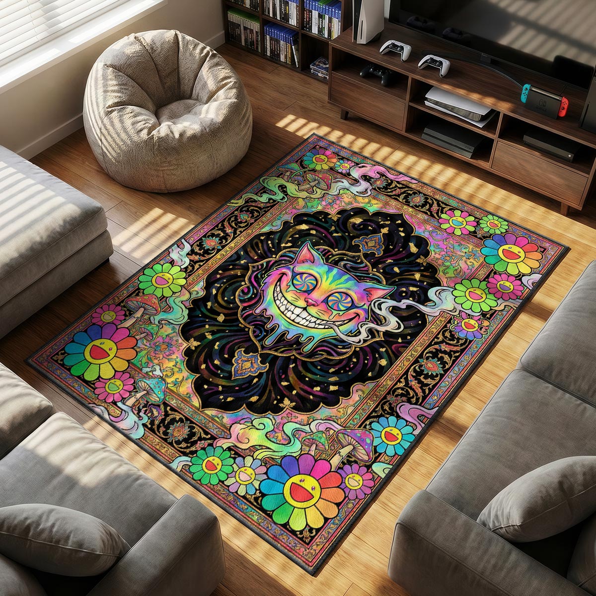 Psychedelic Cheshire themed area rug for home decor fans
