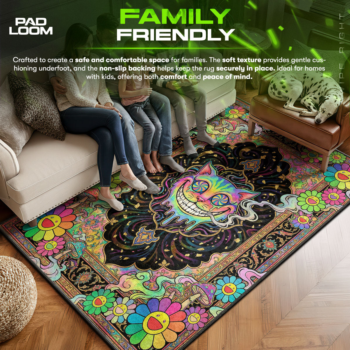 Psychedelic area rug showing full home decor artwork