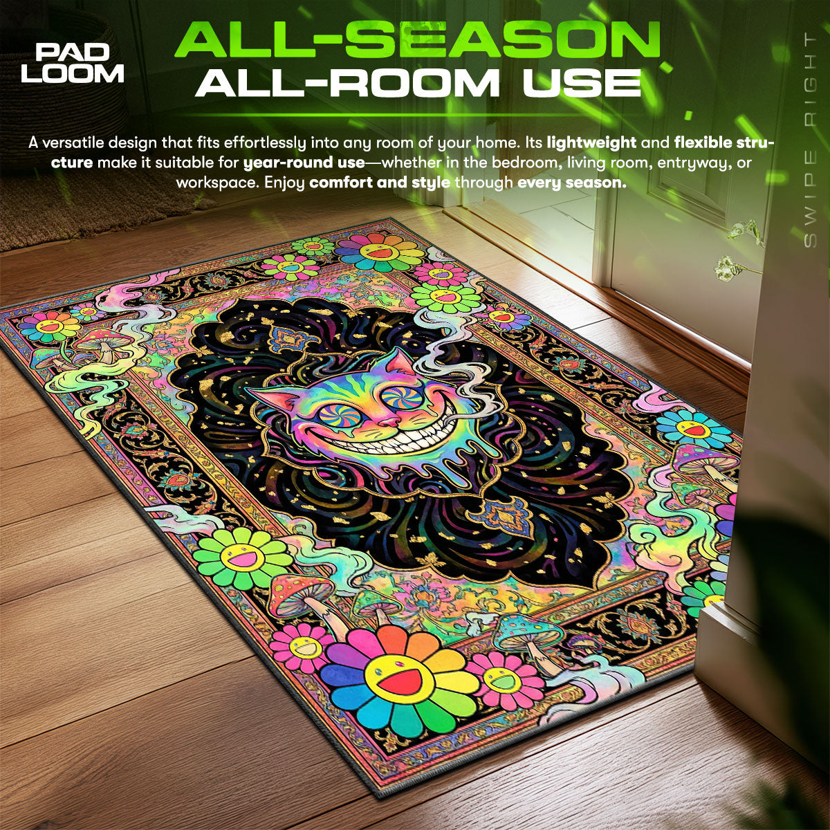 Psychedelic Cheshire Cat Flower Trippy Floor fan rug — premium quality print