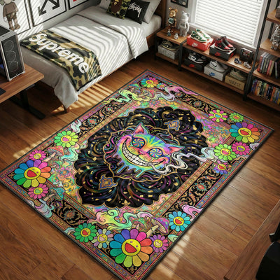 Psychedelic Cheshire Cat Flower Rug - Trippy Floor Mat