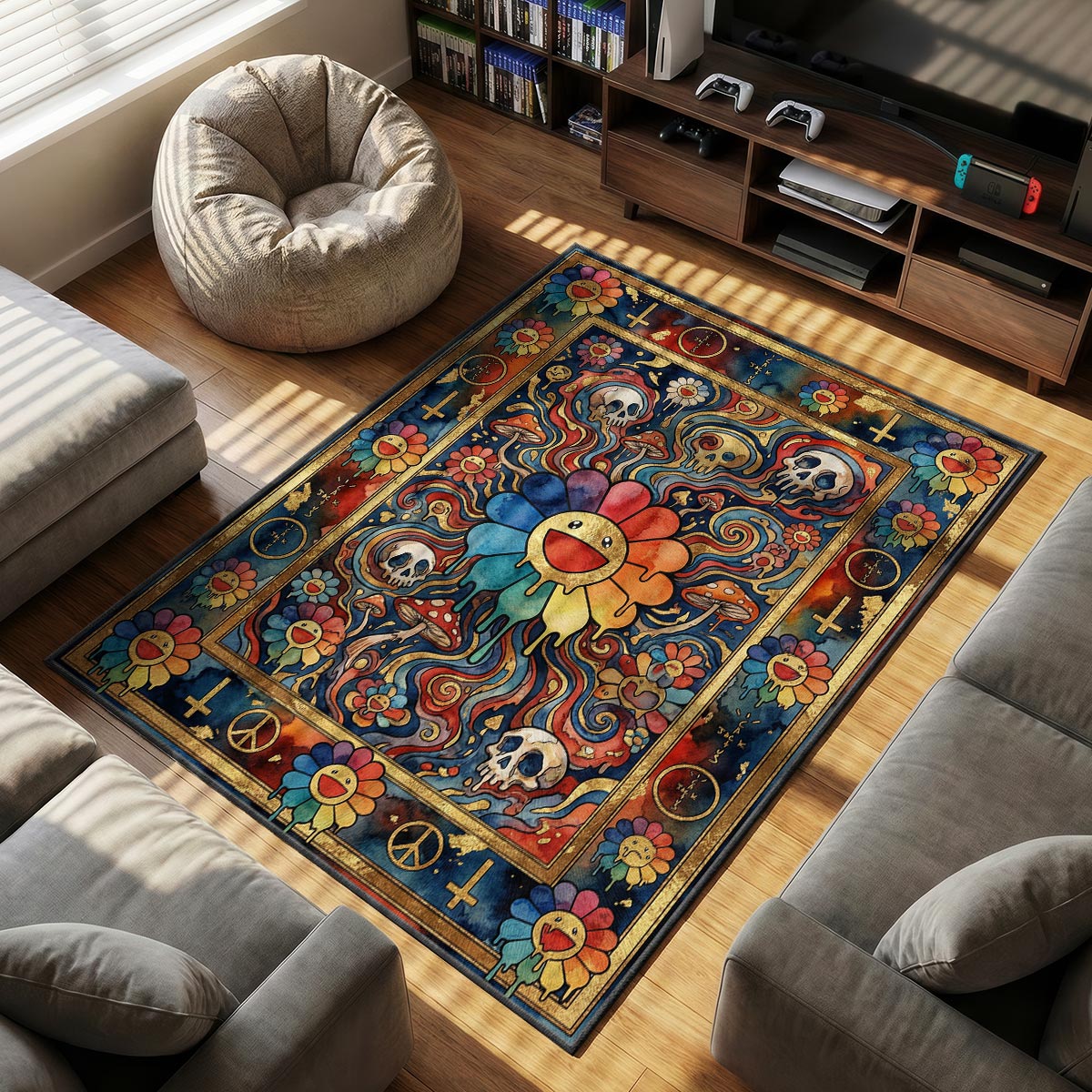 Psychedelic Murakami themed area rug for home decor fans