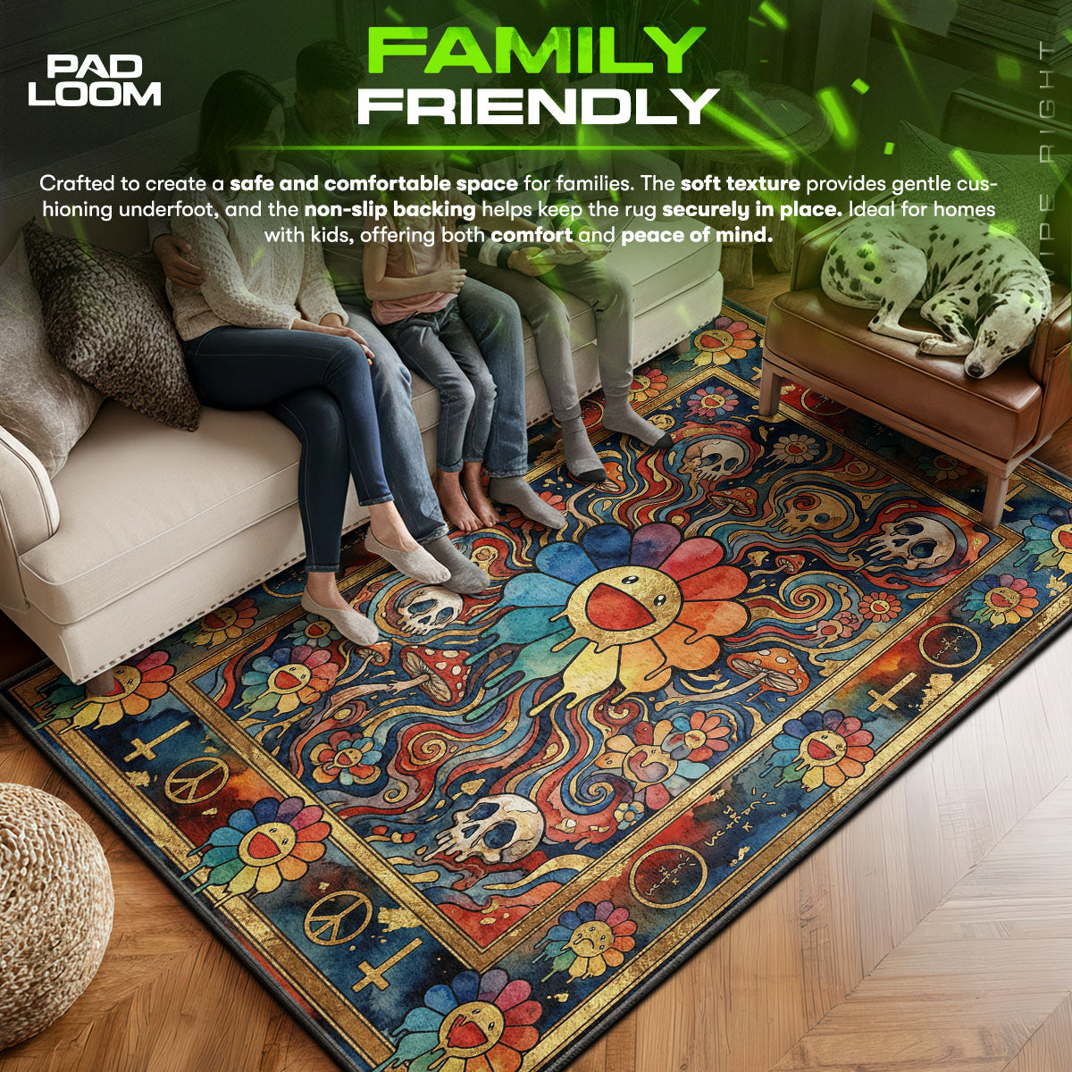 Psychedelic area rug showing full home decor artwork