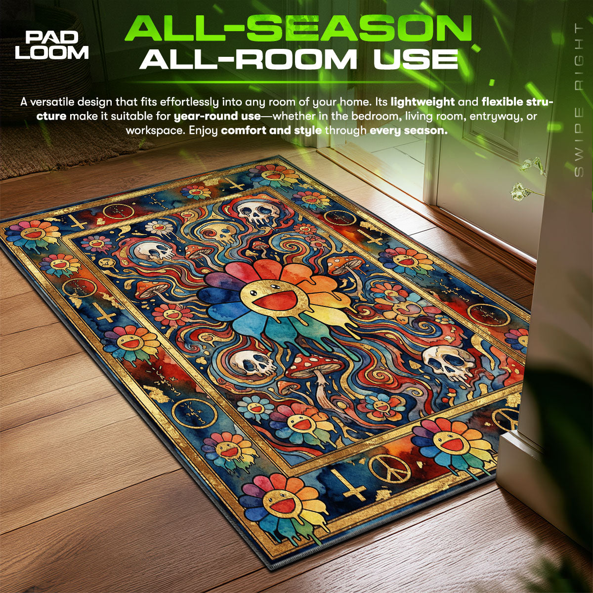Psychedelic Murakami Melting Flower Streetwear Floor fan rug — premium quality print