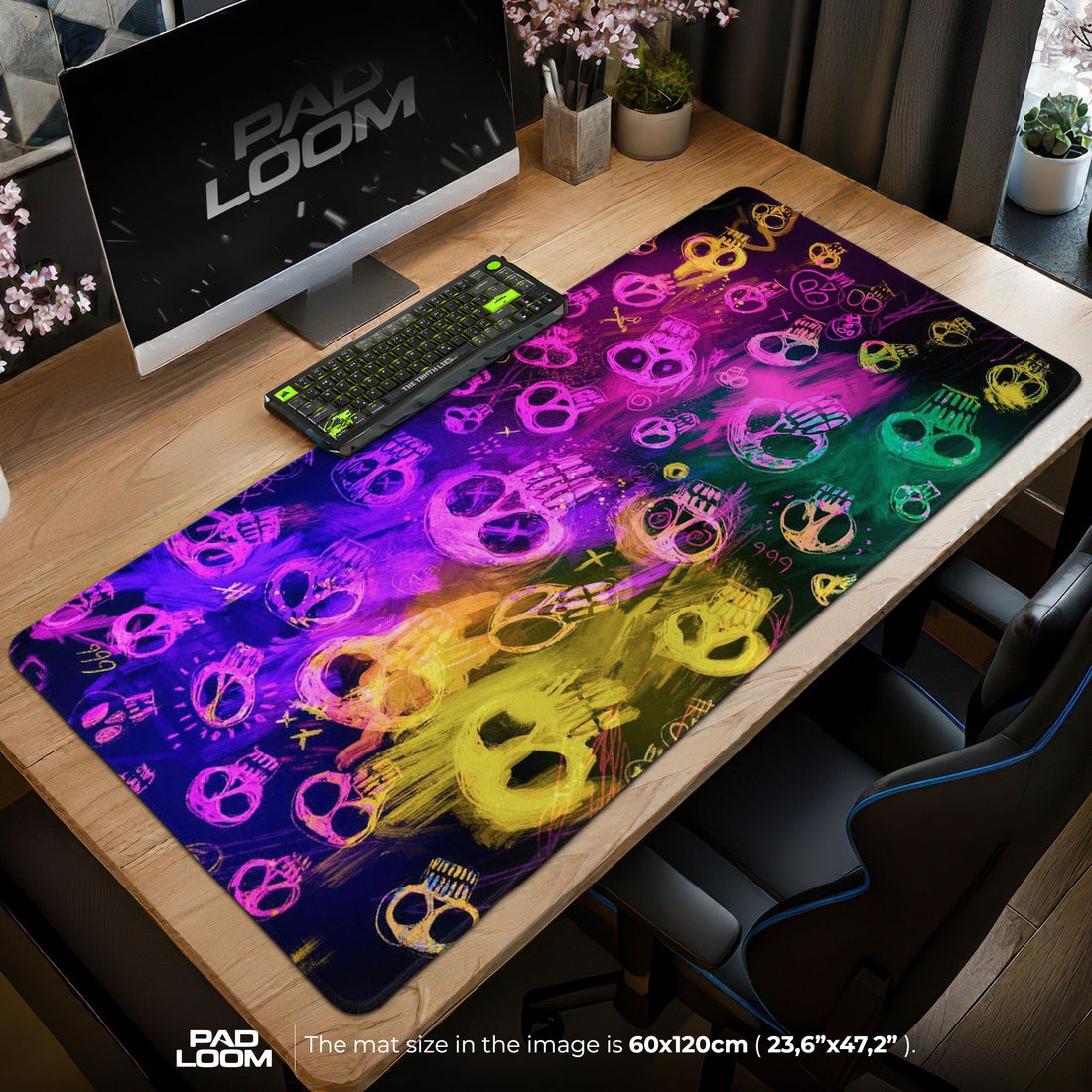 Psychedelic Skulls Mouse Pad - Neon Chaos Gaming Desk Mat Padloom