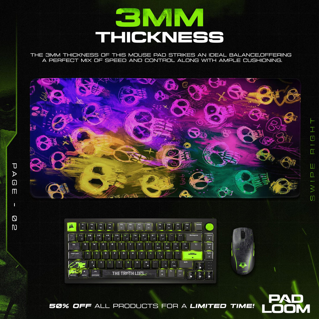 Psychedelic Skulls Mouse Pad - Neon Chaos Gaming Desk Mat Padloom