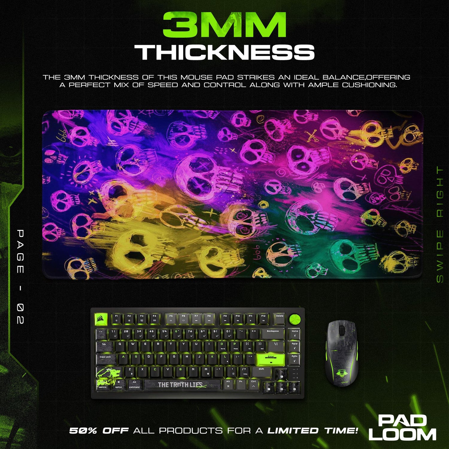 Psychedelic Skulls Mouse Pad - Neon Chaos Gaming Desk Mat Padloom