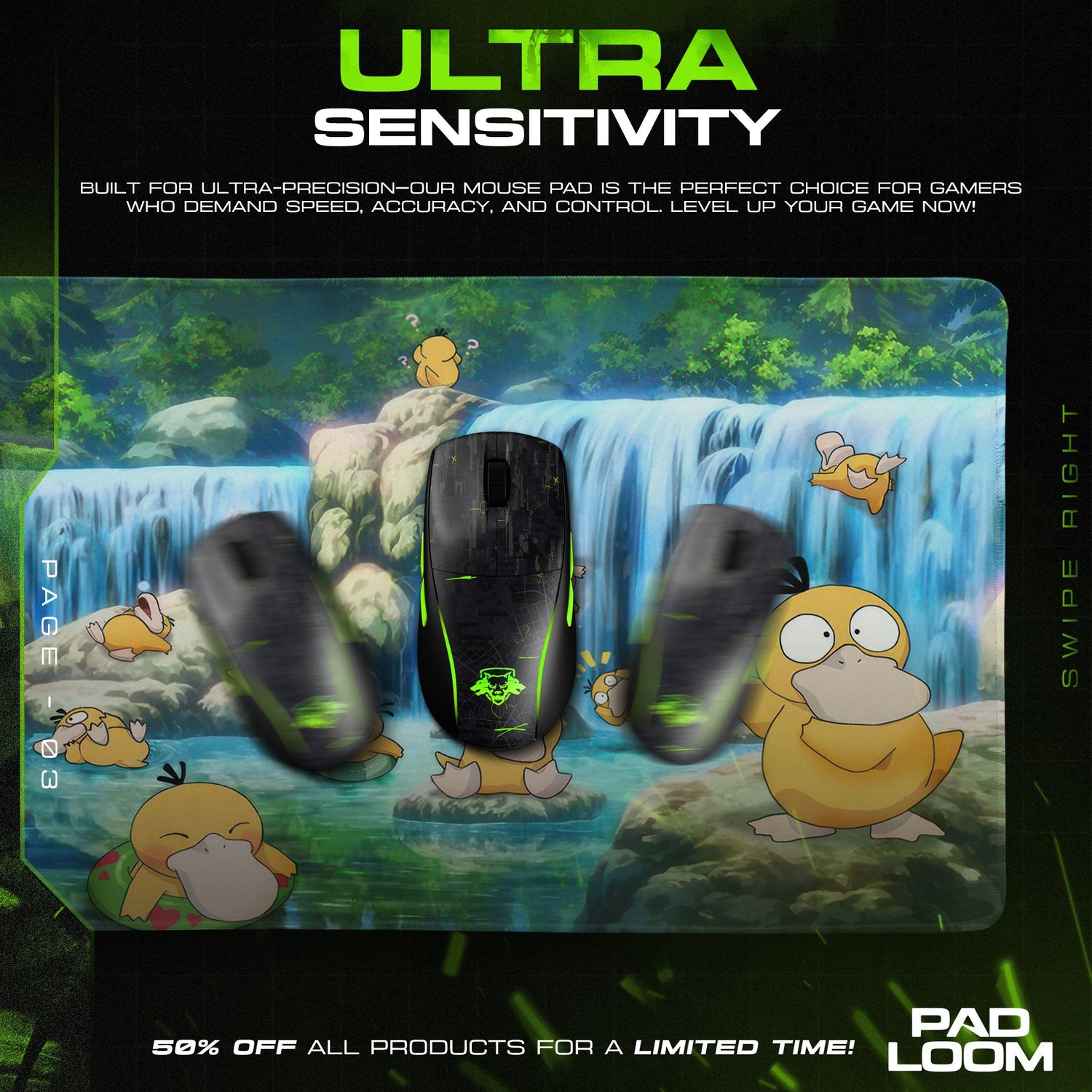 Psyduck Waterfall Mouse Pad, Pokémon Lake Desk Mat Padloom