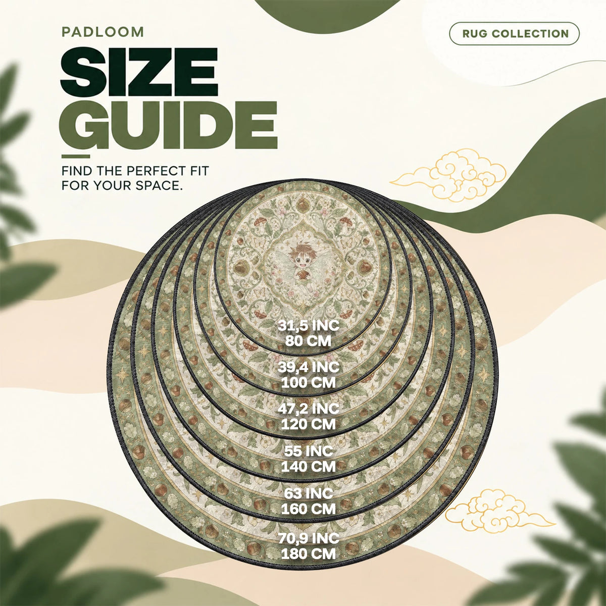 Puck Chestnut round rug size guide, 80 to 180 cm (31.5 to 70.9 in)