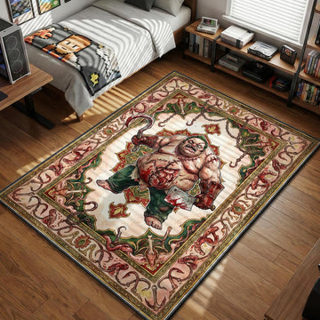 Pudge holding bloody hook and cleaver in ornate tapestry style gaming area rug and floor mat