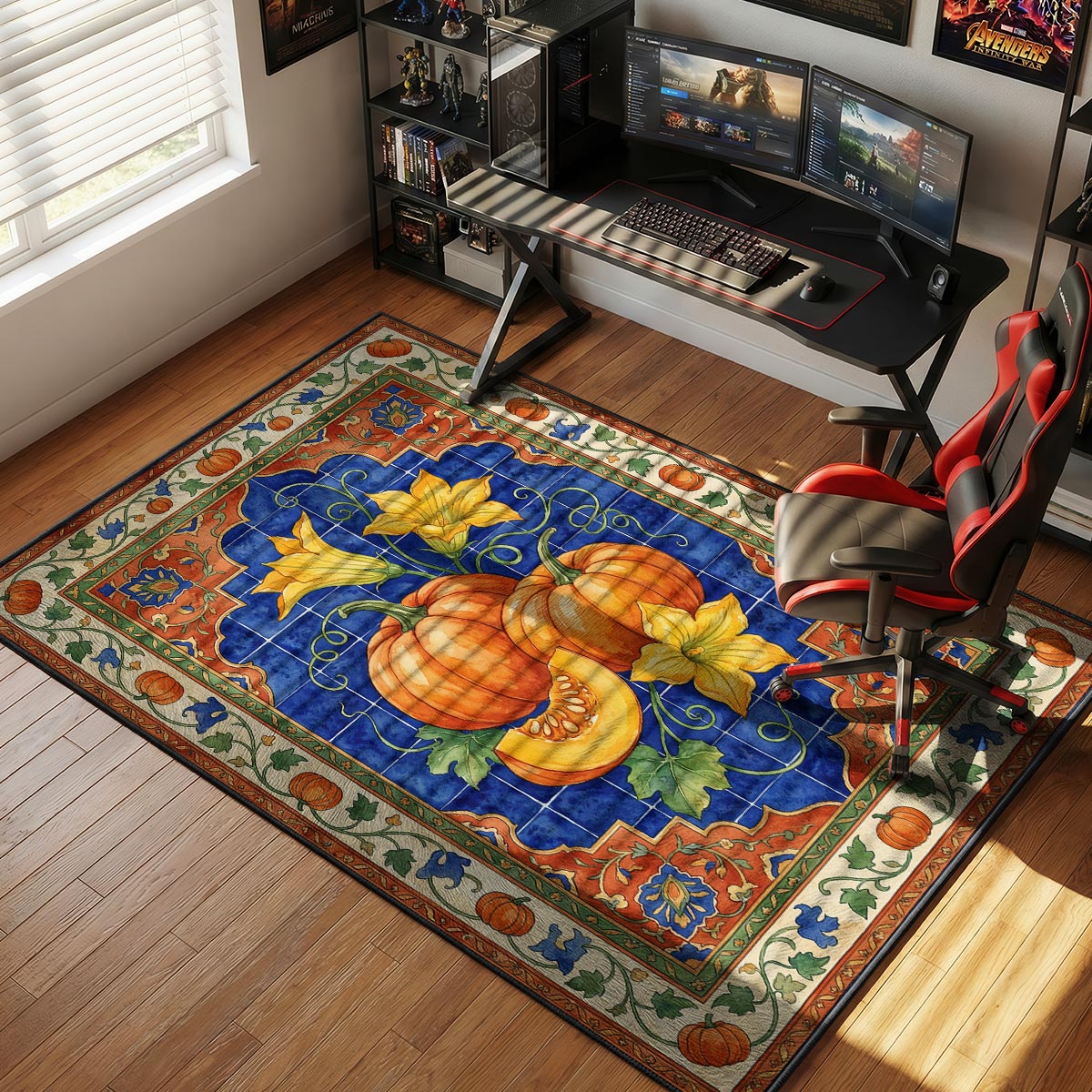Pumpkin harvest kitchen rug on warm hardwood floor near a farmhouse table and autumn gourds