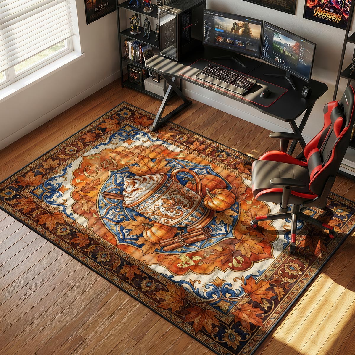 Pumpkin spice kitchen rug on warm hardwood floor near candles and a rustic fall kitchen display