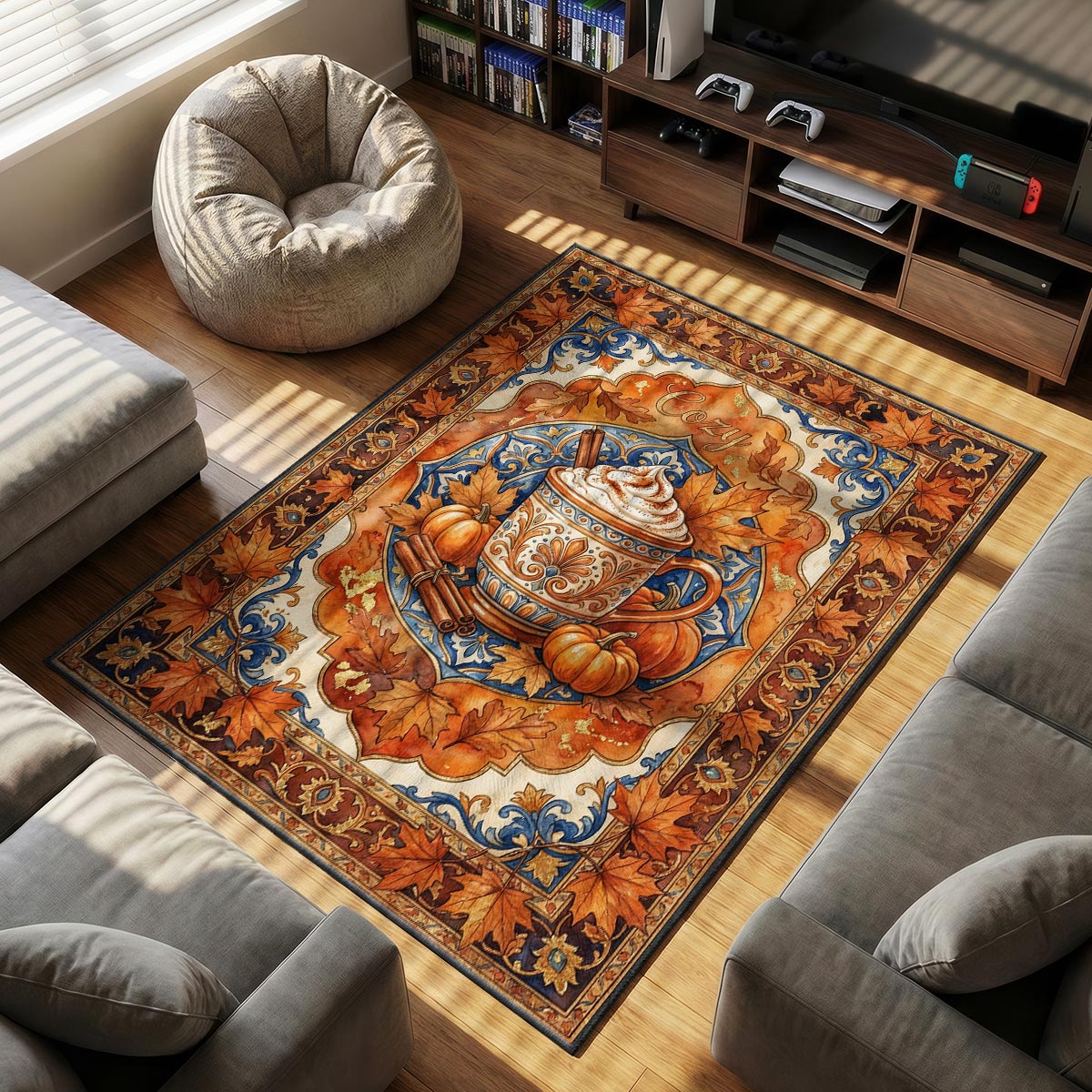 Close-up of pumpkin spice mat showing ornate mug detail and gold leaf texture on plush surface