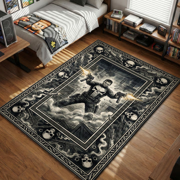 The Punisher dual wielding submachine guns amidst smoke and skulls in a gritty monochrome gaming area rug and floor mat